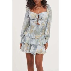 ASTR The Label Marietta Dress Blue Multi Floral Smocked Tiered Mini Dress Medium